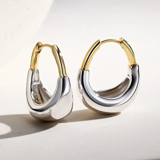 925 Sterling Silver U- Shape Two-tone  Huggie Earrings