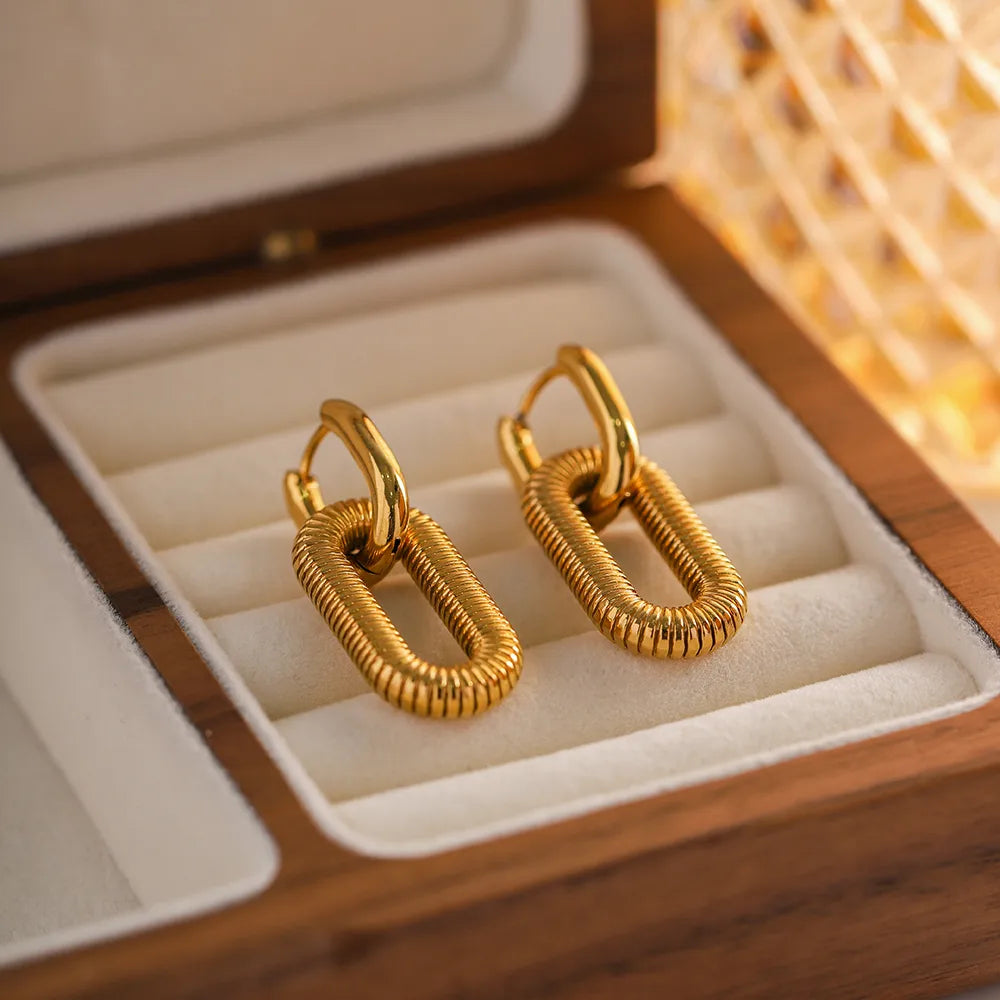 Gold Oval Stainless Steel Drop Earring