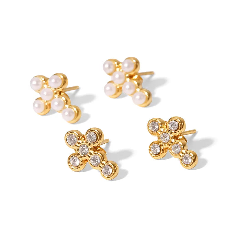 Gold Pearl & Zircon Gold Gemstone Stud Earrings