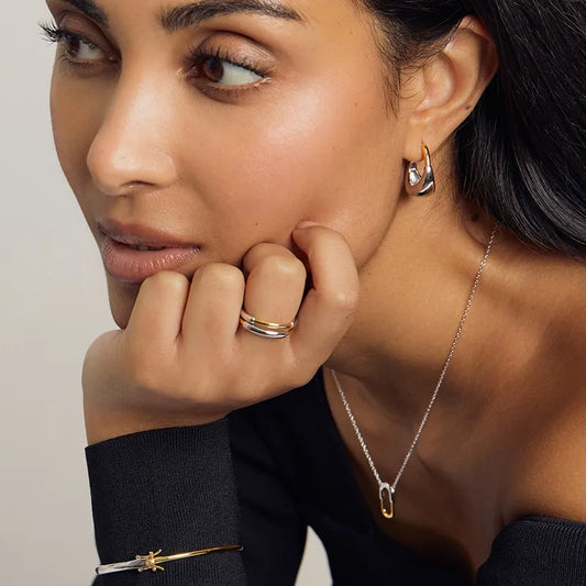 925 Sterling Silver U- Shape Two-tone  Huggie Earrings