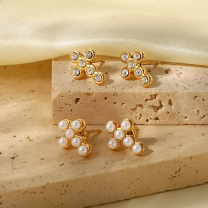 Gold Pearl & Zircon Gold Gemstone Stud Earrings