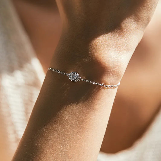 Elevated Cable Chain Round Colorless Moissanite Crystal Bracelet